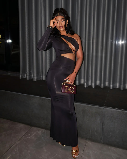 GIANNA Hollow Belly One-shoulder Sleeve Maxi Dress